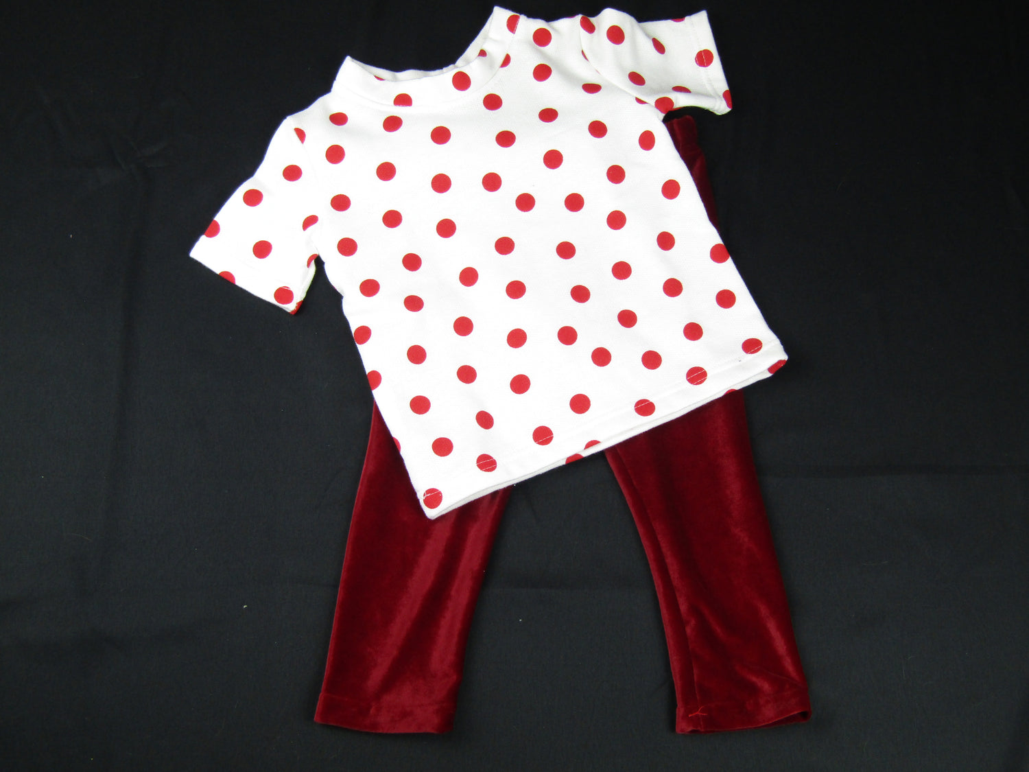 Whit top with red polka dots and red velour elasticized waist pantspants